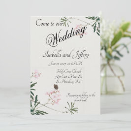 Convite Flor Rosa Botânica Elegante com Borboleta