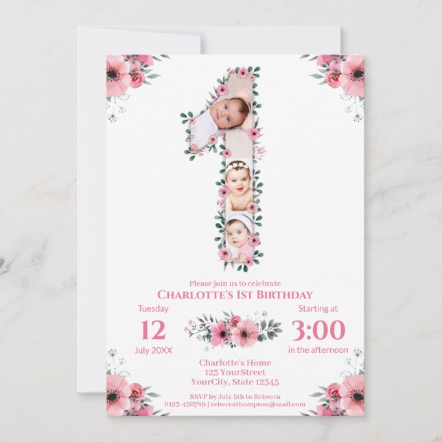 Convite Flor rosa Coluna de Fotos de primeiro aniversario  (Frente)