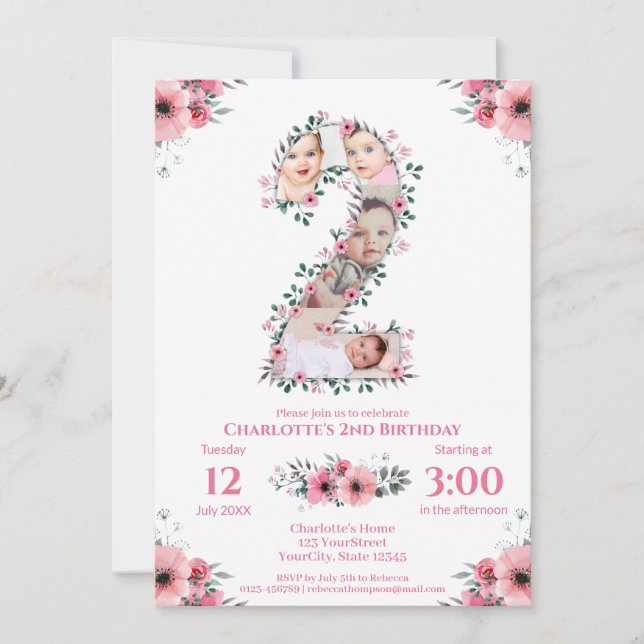 Convite Flor rosa Coluna de Fotos de segundo aniversário G (Frente)