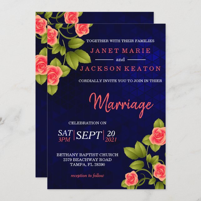 Convite Flor Rosa de azul escuro e coral (Frente/Verso)