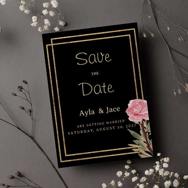 Convite Flor rosa dourada negra geométrica Salvar a Data (Geometric black gold pink flower Save the Date)