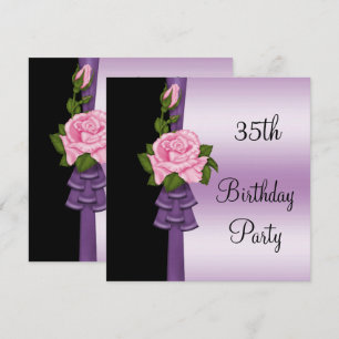 Convite Flor Rosa Elegante e Laço Roxo Aniversário de 35 A