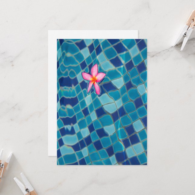 Convite Flor rosa, flutuando, azul, de piscina (Frente/Verso In Situ)