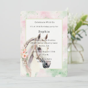 Convite Flor Rosa Hortelã Branco Cavalo Aniversário  