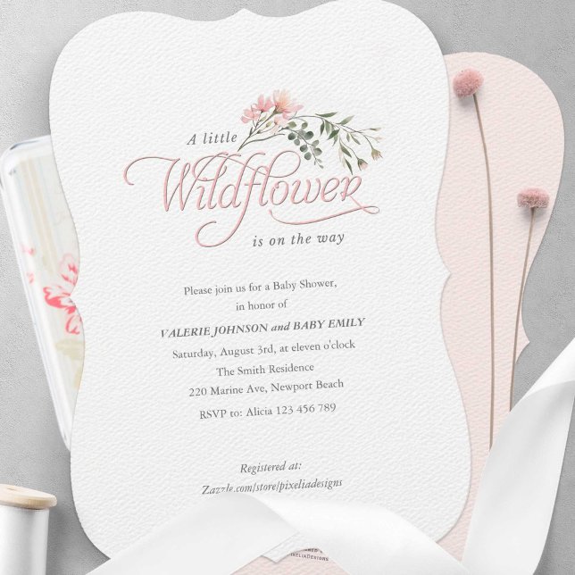 Convite Flor rosa simples com caligrafia elegante (Simple Elegant Calligraphy, A little wildflower, pink baby girl shower invitation.)