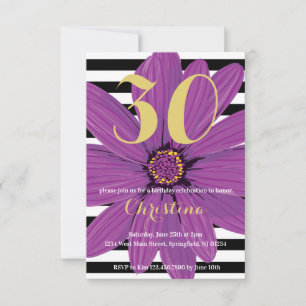 Convite Flor Roxa preta e branca listrada Aniversário