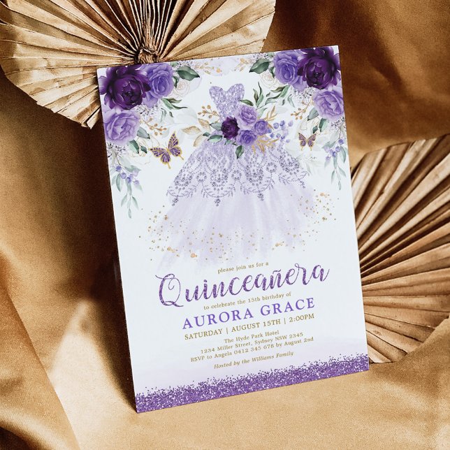 Convite Flor Roxo Quinceañera Princesa Borboleta (Criador carregado)