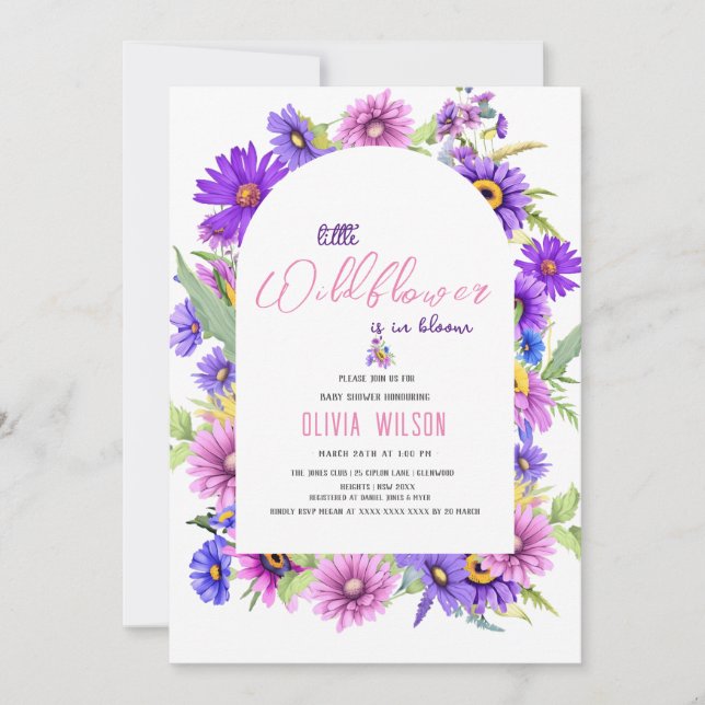 Convite Flor roxo, rosa-claro, está a caminho #3 (Frente)