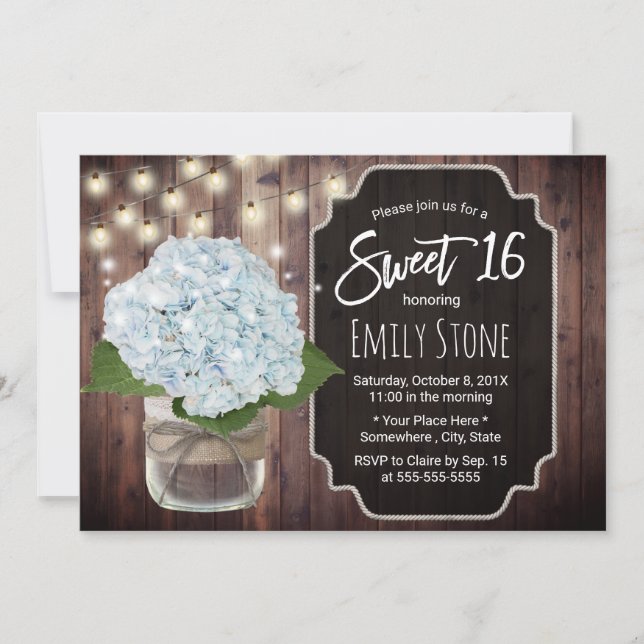 Convite Flor Rustic Blue Hydrangea Mason Jar Sweet 16 (Frente)