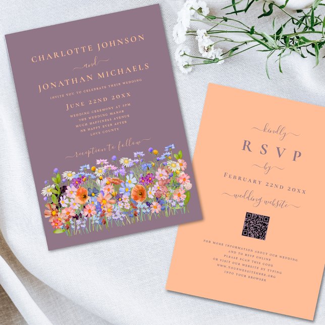 Convite Flor Selvagem Boho Pêssego (Boho chic wildflower watercolor floral wedding invitation peach fuzz typography calligraphy )