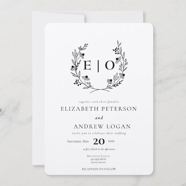 Convite Flor selvagem mínimo | Wreath Wedding (Frente)