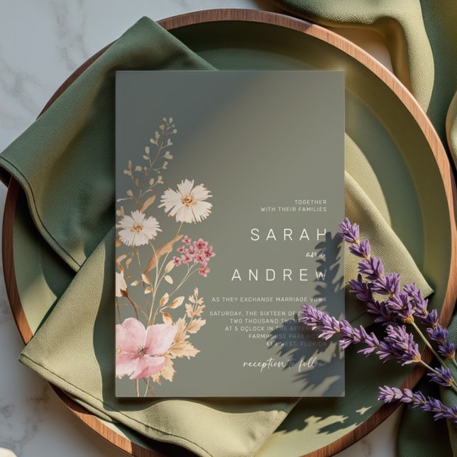 Convite Flor Selvagem Moderna | Casamento de Sage Green Ga (Criador carregado)