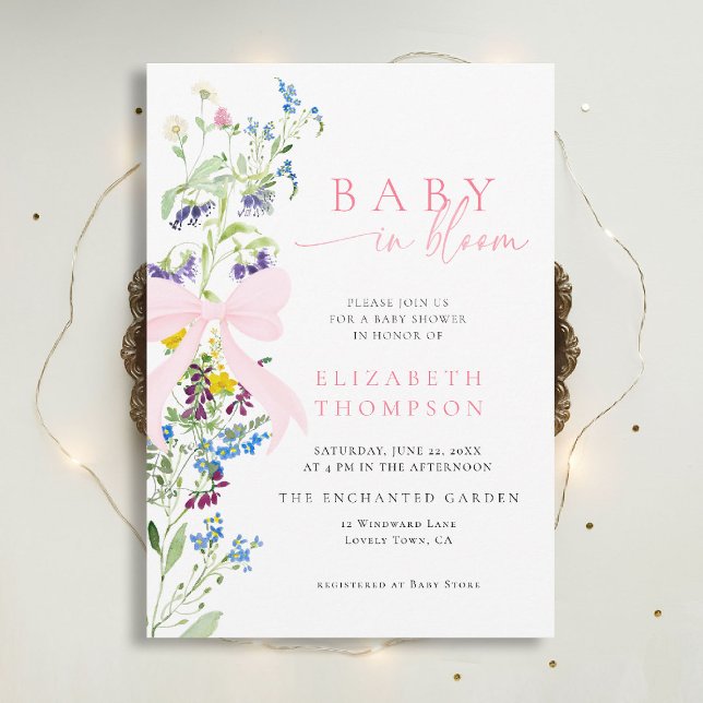 Convite Flor selvagem no Chá de fraldas da Arco do Blogue (wildflowers baby shower invitation in bloom elegant pink bow garden party watercolor calligraphy)