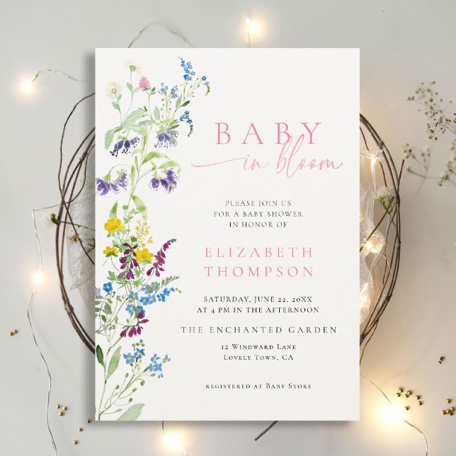 Convite Flor selvagem no Chá de fraldas da Festa do Jardim (wildflowers baby shower invitation in bloom elegant pink garden party romantic watercolor calligraph)