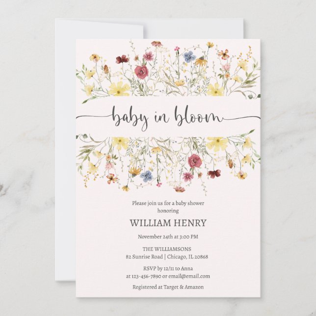 Convite Flor selvagem no chá de fraldas Floral Bloomo-Prim (Frente)
