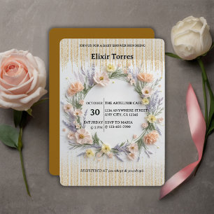Convite Flor Selvagem Pressa Dourada em Chá de fraldas Blo