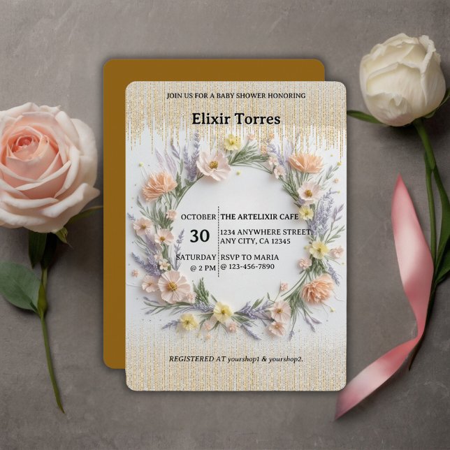 Convite Flor Selvagem Pressa Dourada em Chá de fraldas Blo (Criador carregado)