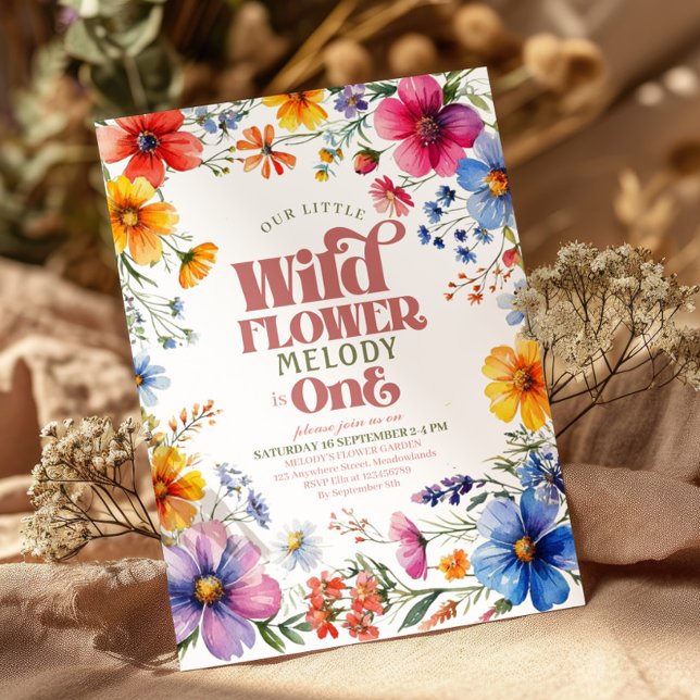 Convite Flor Selvagem Rosa, Castanho-Um-primeiro aniversar (Criador carregado)