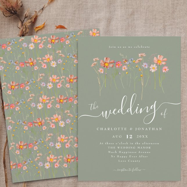 Convite Flor Silvestre Boho Floral Outono Verde Salvia (Boho fall Wildflower floral sage green Wedding invitation Watercolor flower meadow Elegant script)