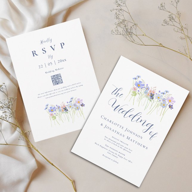 Convite Flor Silvestre Elegante Azul Rosa Código QR (Modern wildflower boho watercolor floral blue pink wedding qr code invitation)