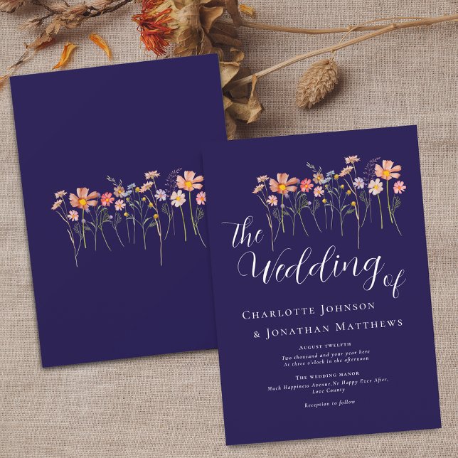 Convite Flor Silvestre Elegante Script Azul Marinho Terrac (Wildflower meadow navy blue terracotta floral fall Wedding invitation white Elegant modern script )