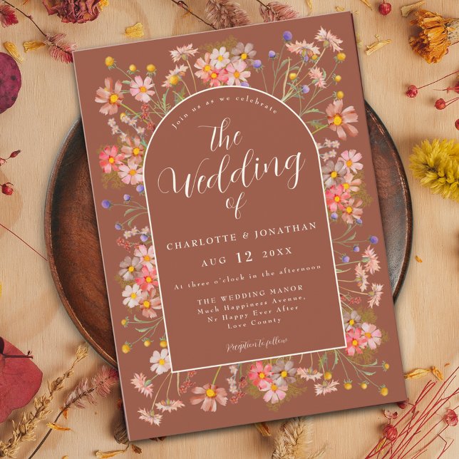 Convite Flor Silvestre Laranja Queimada Casamento de Outon (Wildflower elegant arch burnt Orange terracotta fall wedding invitation )