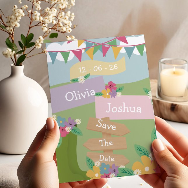 Convite Flor Silvestre Rústica com Placas de Bunting Save  (Criador carregado)