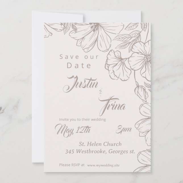 Convite Flor silvestre Save the Date com Caligrafia Simple (Frente)