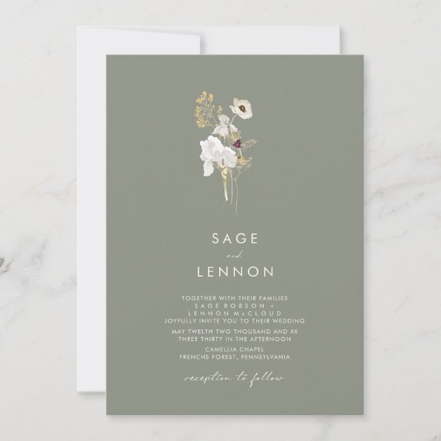 Convite Flor silvestre simples | Sage Green Wedding (Frente)