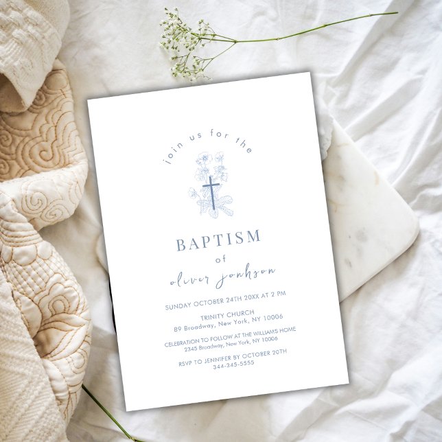 Convite Flor Simples Azul Cruzando Cristo Batismo (Blue Simple Flower Cross Christening Boy Baptism Invitation)