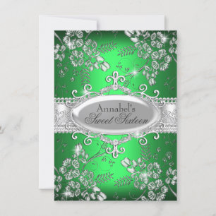 Convite Flor Sweet 16 Brilho Prata Verde