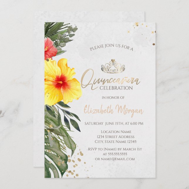 Convite Flor Tropical Hibiscus Summer Quinceañera (Frente/Verso)