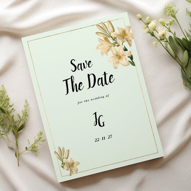 Convite Flor verde-lírio da menta de marfim Dourado Salvar (Gold ivory mint green lily flower Save The Date)