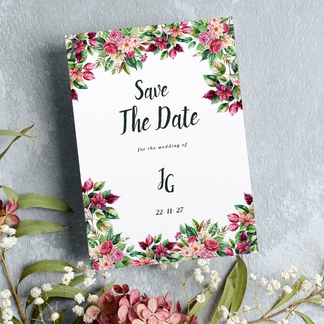 Convite Flor verde-rosa-burgundy botânico Salve a data (Botanic burgundy pink green floral Save The Date)