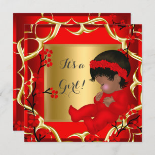 Convite Flor Vermelho chá de fraldas Fofo Fofo Fofo Dourad