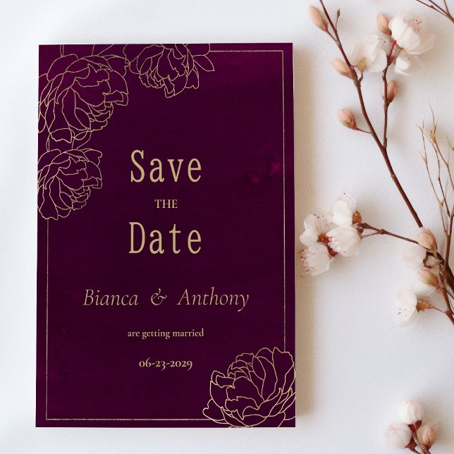 Convite Flora de pedras-de-ouro de Burgundy (Watercolor burgundy gold peony flora Save the Date )