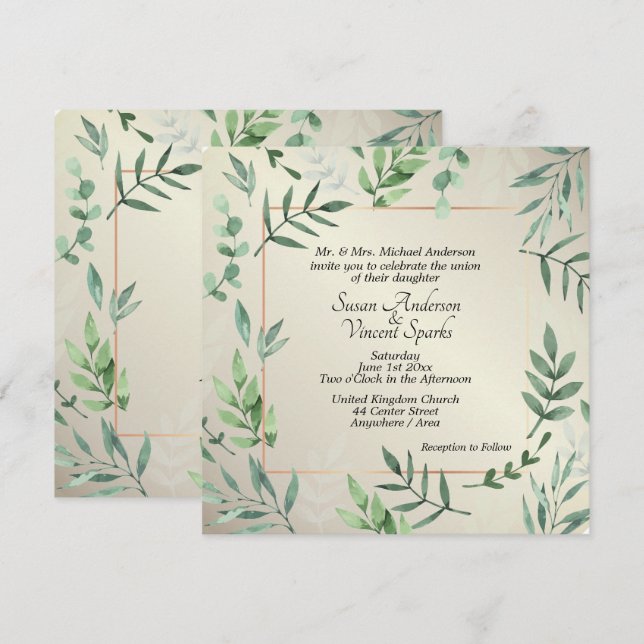Convite Flora e Fauna Elegantes: Toque de Casamento Dourad (Frente/Verso)