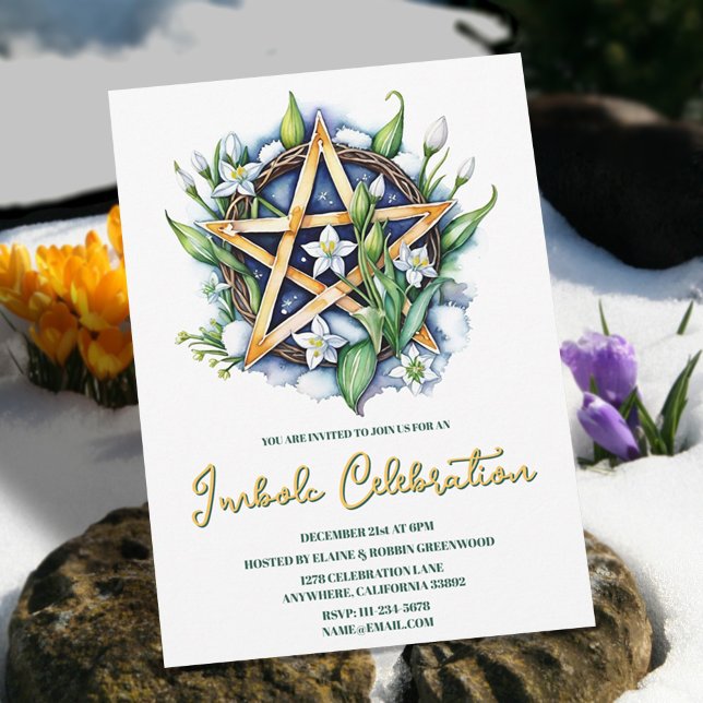 Convite Flora Pentacle Snow & Flowers Wiccan Imbolc Party (Flora Pentacle Snow & Flowers Wiccan Imbolc Party Invitation)