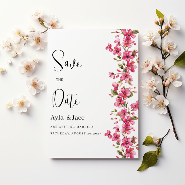 Convite Flora rosa clara da aquarela floração Salva a data (Watercolor bright pink blossom flora Save the Date)