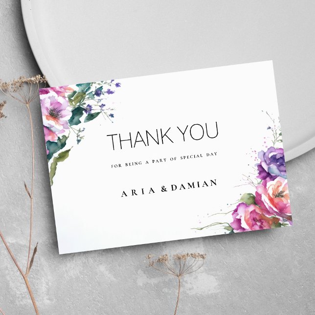 Convite Flora verde roxa-coral, rosa, botânica Obrigado (Botanical pink purple coral green flora Thank You)