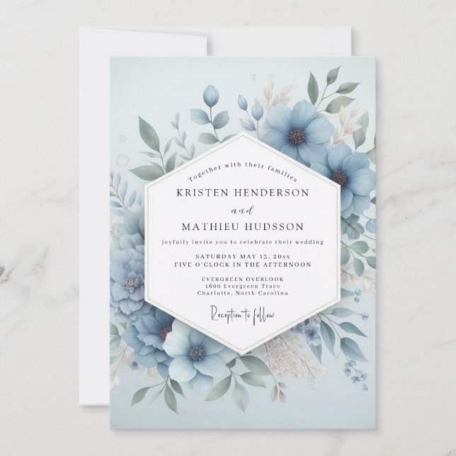Convite Floração Azul Pálido Etéreo Casamento (Frente)