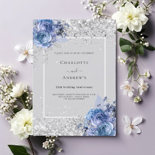 Convite Florais azuis cinza prata 25º aniversário de casam