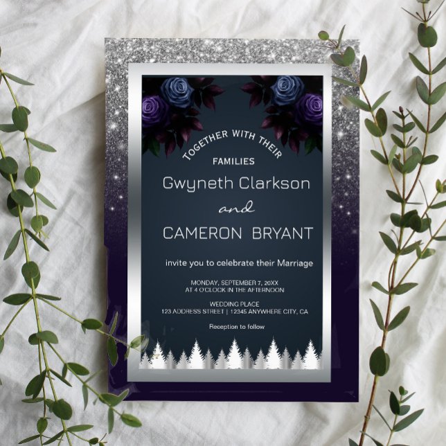 Convite Florais Azuis Marinho de Prata Luminosa Escura (Dark and dramatic. Our navy blue, silver, and purple floral invitations add a touch of mystery)