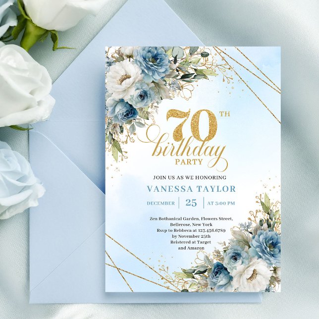 Convite Florais azuis românticos em pó com moldura dourada (Romantic dusty blue florals gold frame 70th birthday

)