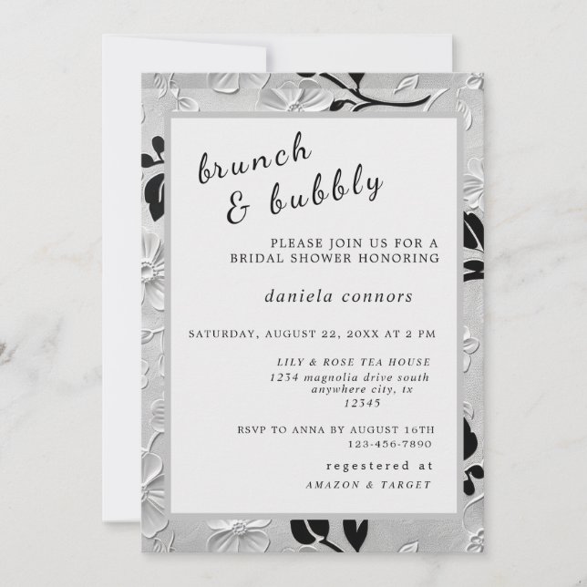 Convite Florais B e W personalizados Brunch e Bubble (Frente)
