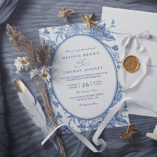 Convite Florais Botânicos Aquarela Azul Casamento Elegante