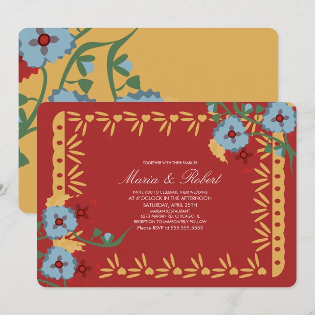 Convite Florais Botânicos Mexicanos Fiesta Papel Picado (Frente/Verso)