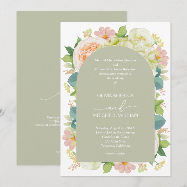 Convite Florais Chic Casamento Tudo em Um Verde Sage (Frente/Verso)