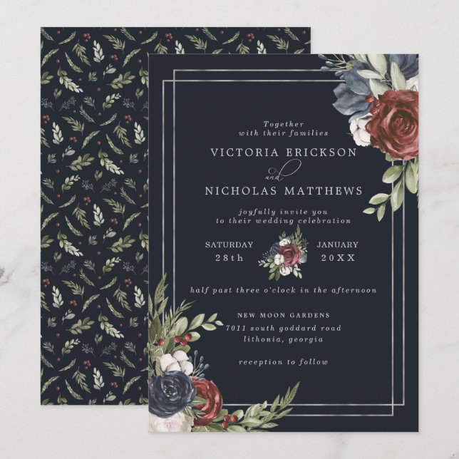 Convite Florais Congelados | Casamento Botânico de Inverno (Frente/Verso)