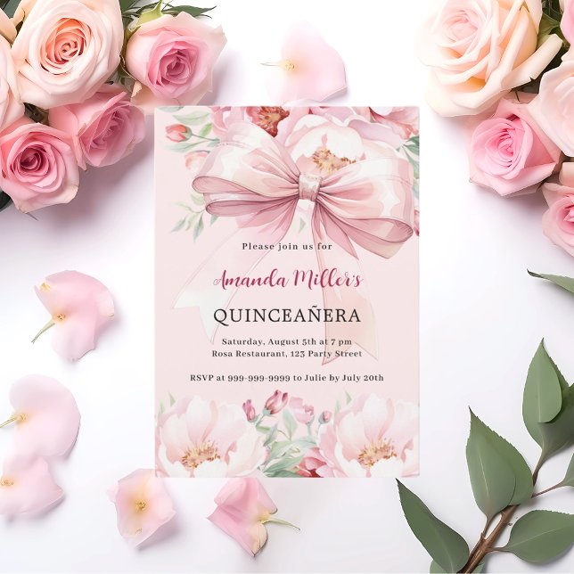 Convite Florais cor-de-rosa-claro Quinceanera (Criador carregado)